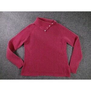 Lands End Sweater Womens M Ribbed Funnel Neck Button Raglan Cotton Burgundy